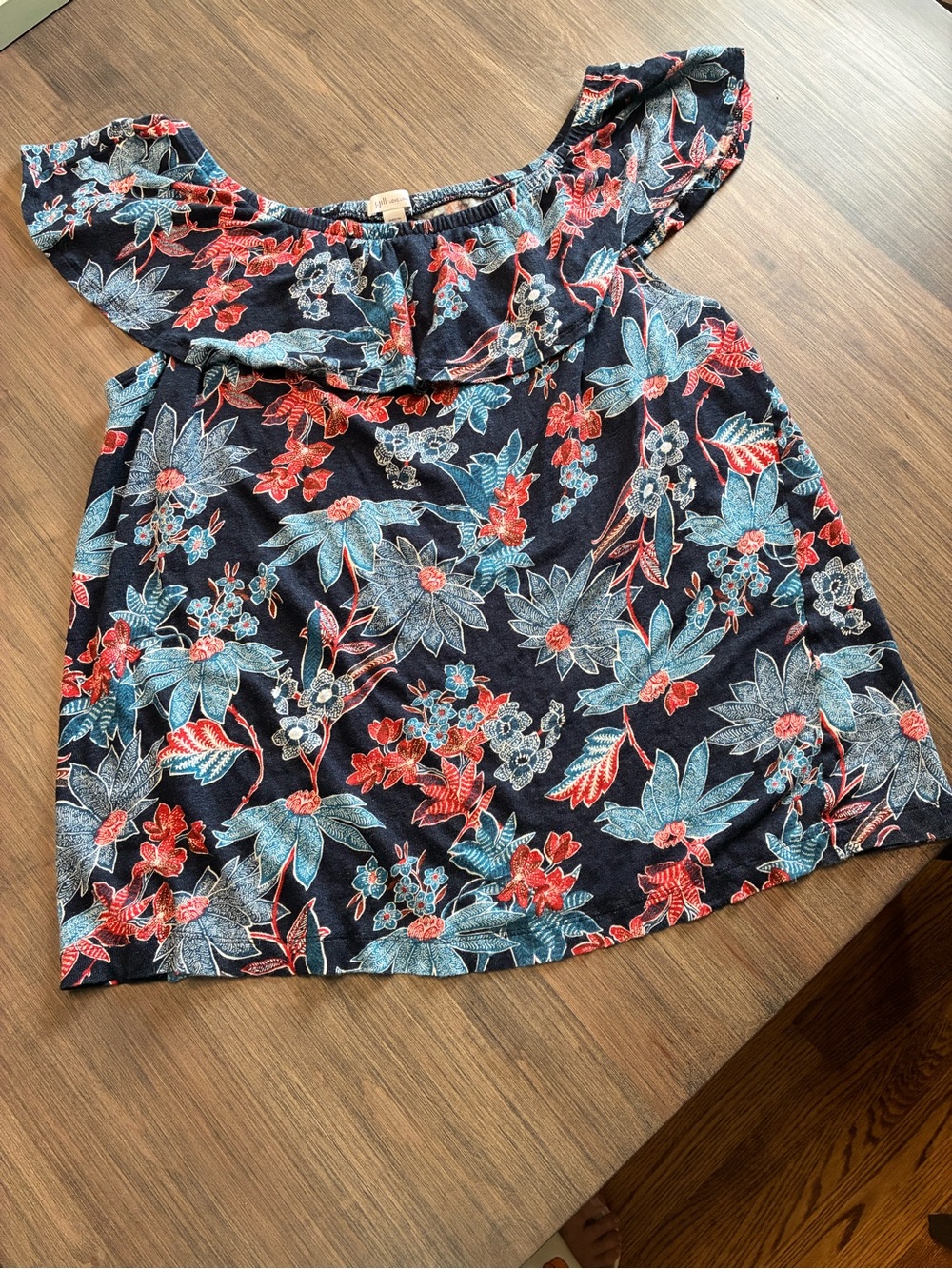 J. Jill Navy Off-Shoulder Floral Top with Coral & Teal